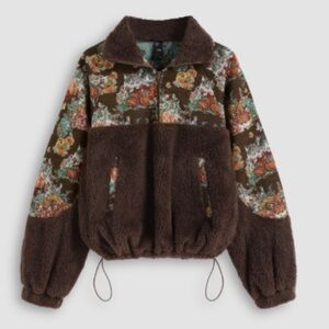 Oversized Floral Cat Sherpa Fleece Sweatshirt XXL Brown Cottage Patchwork